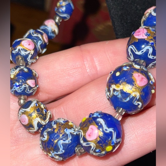 Vintage VENETIAN Italy Wedding Cake Art Murano Glass Cobalt Blue Bead Necklace - Picture 1 of 17